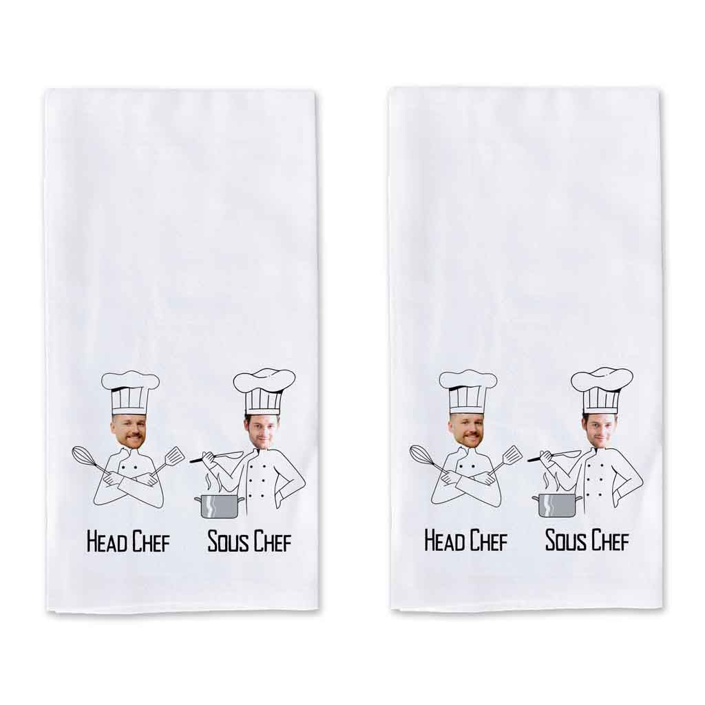 Head Chef and Sous Chef design digitally printed with your photo face on cotton dish towel.