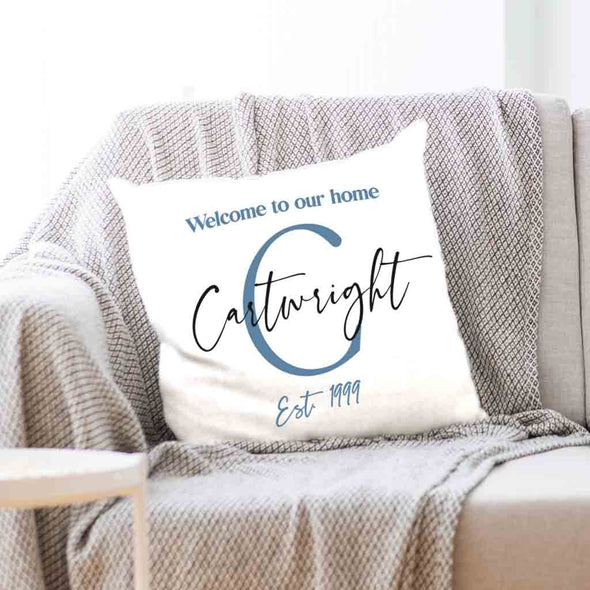 Welcome to our home design custom printed on throw pillow cover with your initial, name and year established.