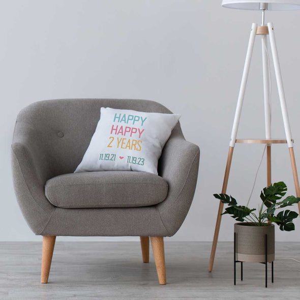 Personalized throw pillow cover digitally printed with happy happy two years design and your wedding date.