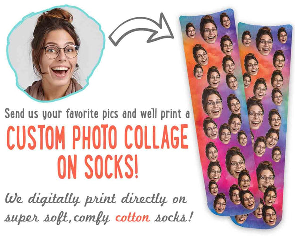 Custom printed face socks with photo collage printed on cotton crew socks makes a unique gift idea.