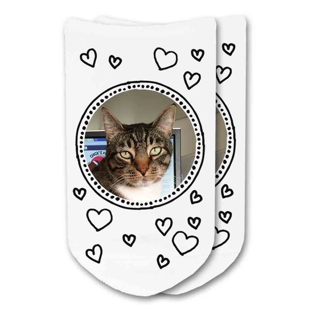 Print your cats photo on cute white cotton no show socks with dot circle and heart design.