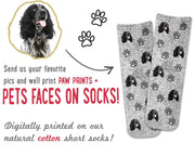 Custom printed animal photo faces digitally printed in all over design on cotton crew socks with a background you choose!