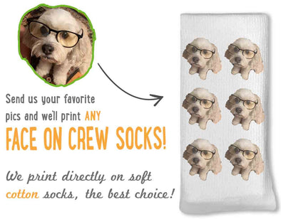 Custom printed socks with photos of faces printed on the white cotton crew socks. The photos are printed all over and around both sides of the leg for a fun unique custom pair of socks!