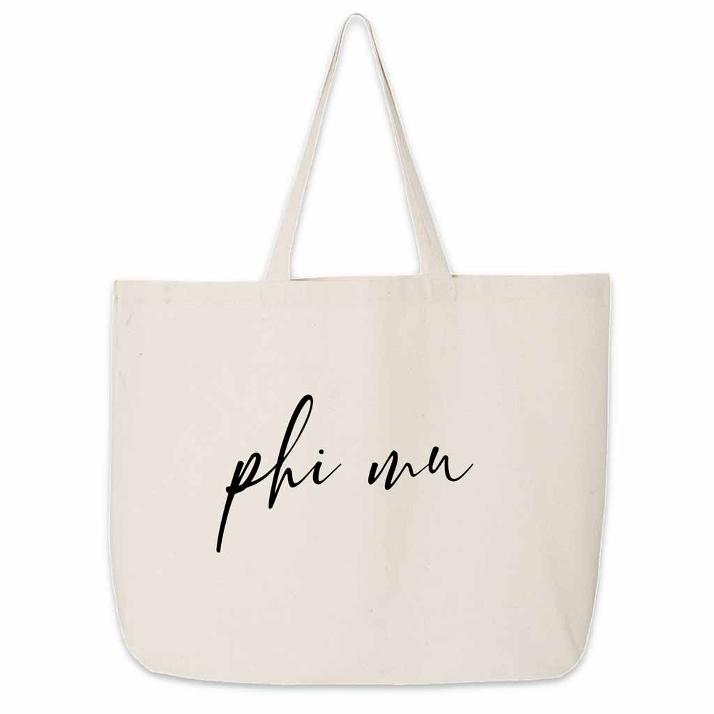 Phi Mu roomy canvas tote bag custom printed with sorority nickname makes a great college carry all.