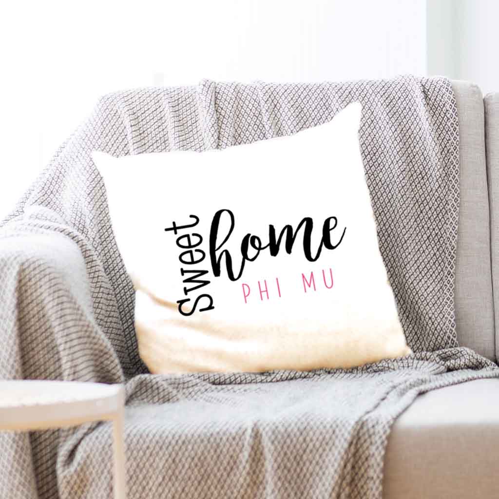 PM sorority name with stylish sweet home design custom printed on white or natural cotton throw pillow cover.