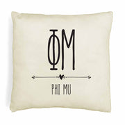 Phi Mu sorority letters and name in boho style design custom printed on white or natural cotton throw pillow cover.