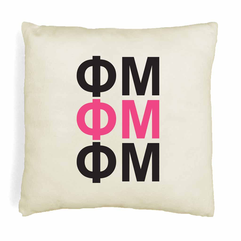 PM sorority letters in sorority colors printed on throw pillow cover is a stylish gift.