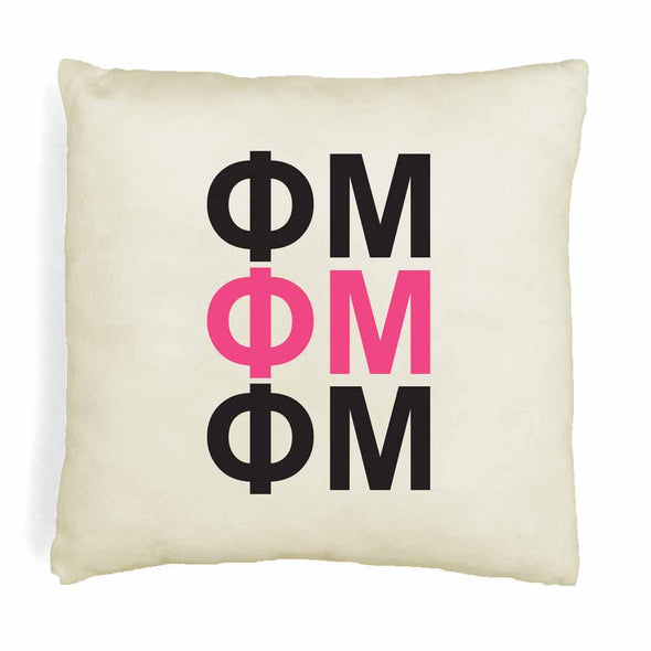 PM sorority letters in sorority colors printed on throw pillow cover is a stylish gift.