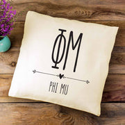 Phi Mu sorority letters and name in boho style design custom printed on white or natural cotton throw pillow cover.