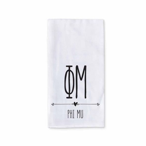 Phi Mu sorority name and letters custom printed with boho style design on white cotton kitchen towel.