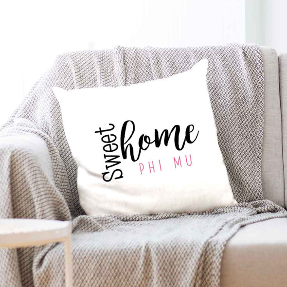 Phi Mu sorority name with stylish sweet home design custom printed on white or natural cotton throw pillow cover.