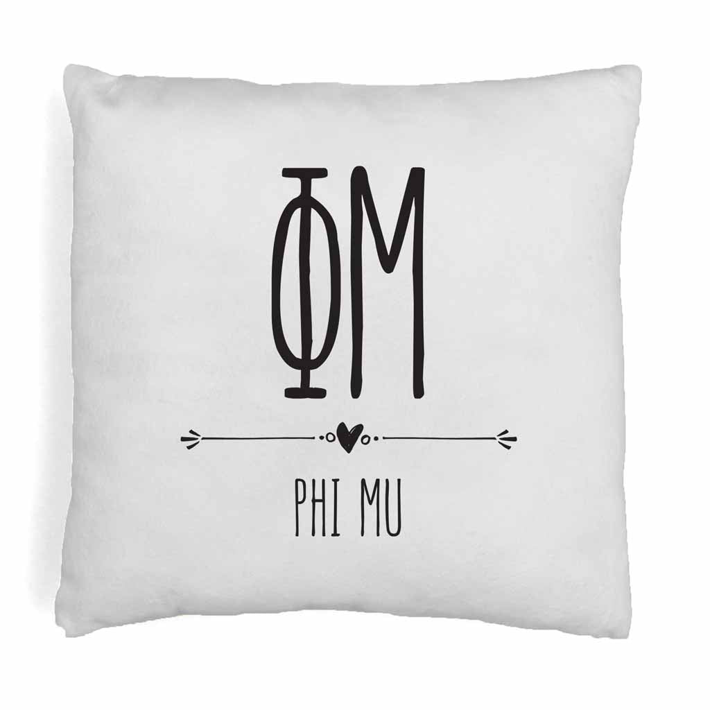 Phi Mu sorority name and letters in boho style design digitally printed on throw pillow cover.