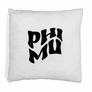 Phi Mu sorority name in mod style design digitally printed on throw pillow cover.