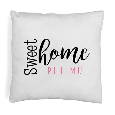 Phi Mu sorority name in sweet home design digitally printed on throw pillow cover.