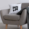 Phi Mu sorority name in mod style design custom printed on white or natural cotton throw pillow cover.
