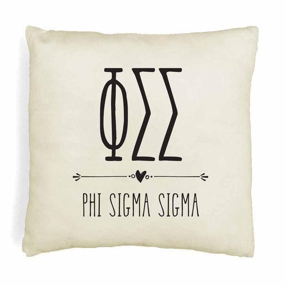 Phi Sigma Sigma sorority letters and name in boho style design custom printed on white or natural cotton throw pillow cover.