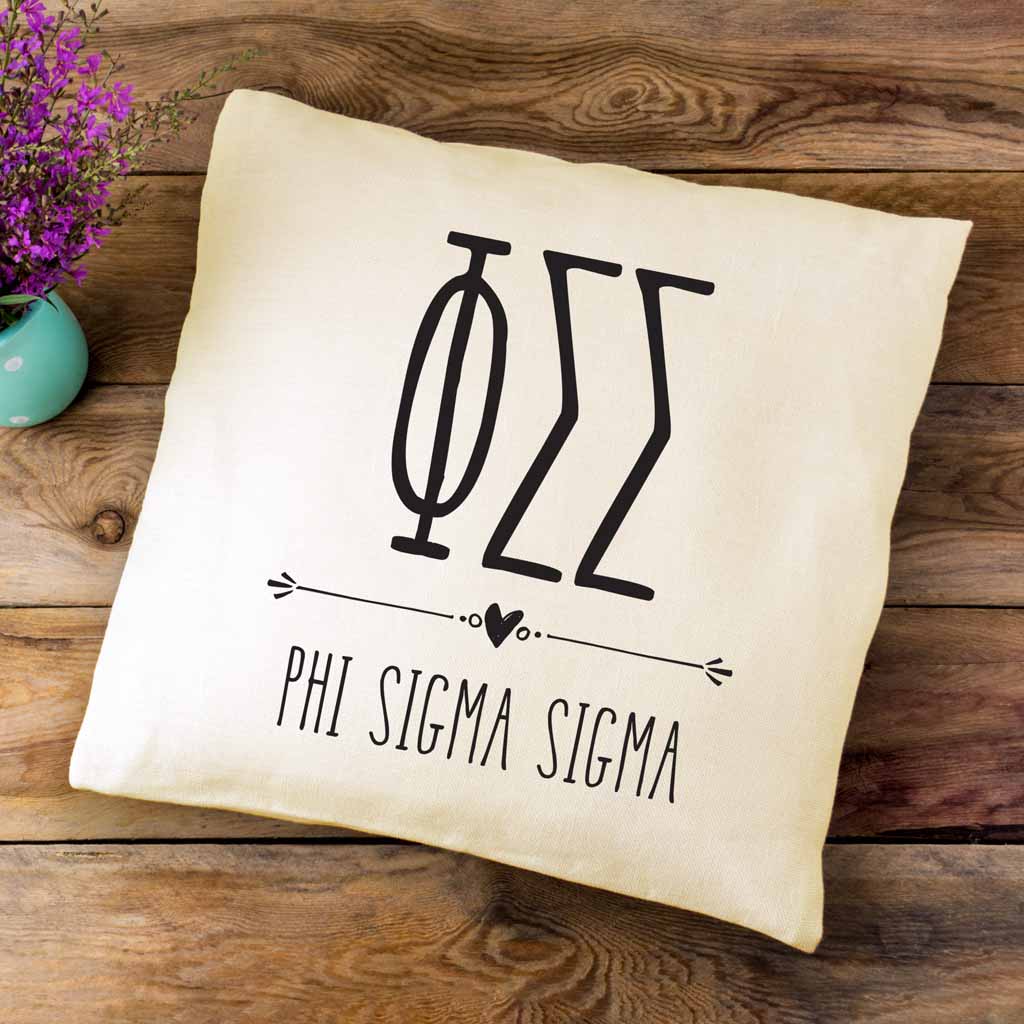 Phi Sigma Sigma sorority letters and name in boho style design custom printed on white or natural cotton throw pillow cover.