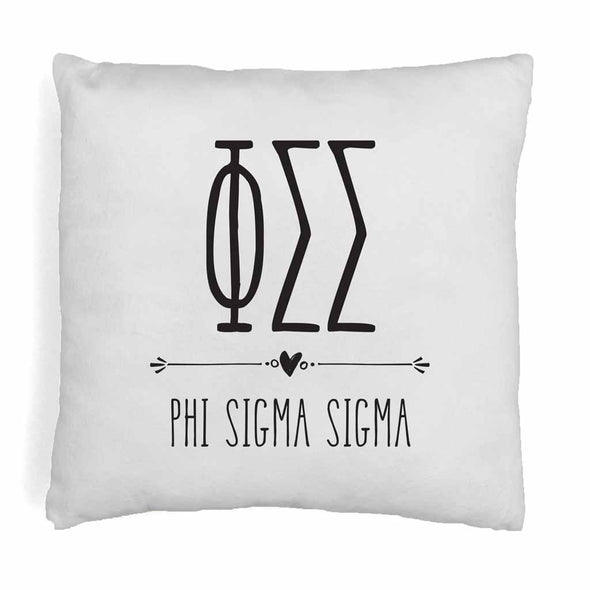 Phi Sigma Sigma sorority name and letters in boho style design digitally printed on throw pillow cover.
