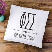 Phi Sigma Sigma sorority letters and name in boho style design custom printed on white or natural cotton throw pillow cover.