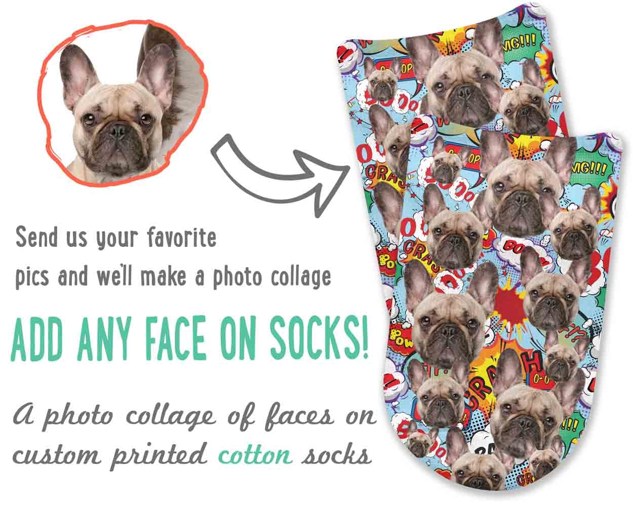 Photo collage face socks custom printed and personalized using your photo digitally printed on cotton no show socks on background of your choice make a great gift idea.