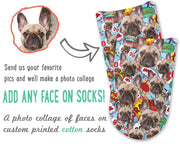 Photo collage face socks custom printed and personalized using your photo digitally printed on cotton no show socks on background of your choice make a great gift idea.