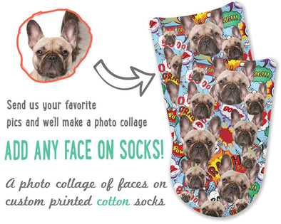 Photo collage face socks custom printed and personalized using your photo digitally printed on cotton no show socks on background of your choice make a great gift idea.