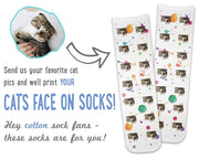 Custom cat photo face socks personalized using your photos printed all over on crew socks with custom background of your choice.