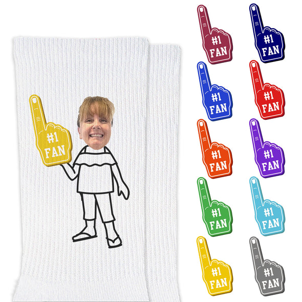 #1 fan foam finger design custom printed on the sides of each pair of white cotton crew socks personalized with your photo face cropped onto a character clothing style.