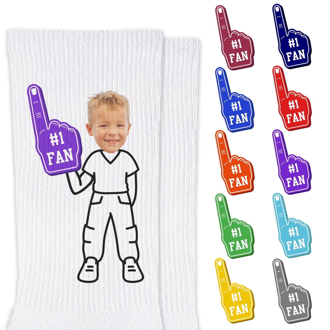 Custom printed #1 fan design with your photo face cropped onto body character style you select digitally printed on the sides of white cotton no show socks.