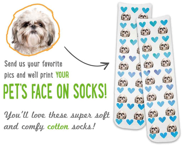 Custom dog photo socks personalized using your pets photo printed with your dogs face printed all over with blue hearts background.