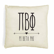 Pi Beta Phi sorority letters and name in boho style design custom printed on white or natural cotton throw pillow cover.
