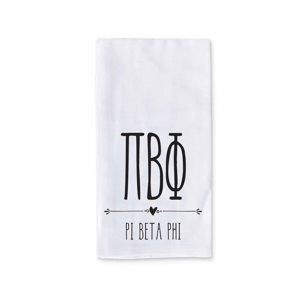 Pi Beta Phi sorority name and letters custom printed with boho style design on white cotton kitchen towel.