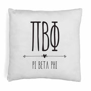 Pi Beta Phi sorority name and letters in boho style design digitally printed on throw pillow cover.