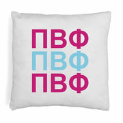 Pi Beta Phi sorority letters digitally printed in sorority colors on throw pillow cover.