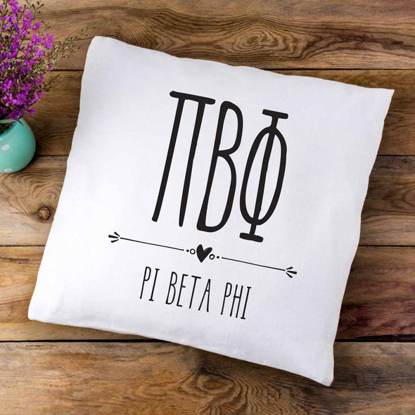 Pi Beta Phi sorority letters and name in boho style design custom printed on white or natural cotton throw pillow cover.