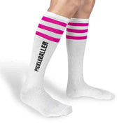 Super cute striped knee high socks custom printed pickleballer on the side of the socks designed by sockprints.