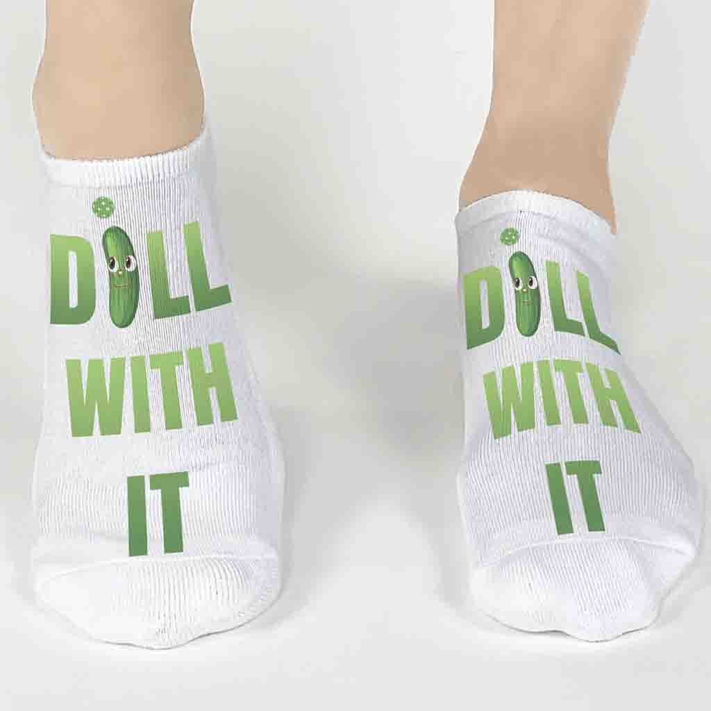 Funny no show socks digitally printed with Dill With It pickleball design by sockprints.
