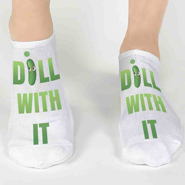Funny no show socks digitally printed with Dill With It pickleball design by sockprints.