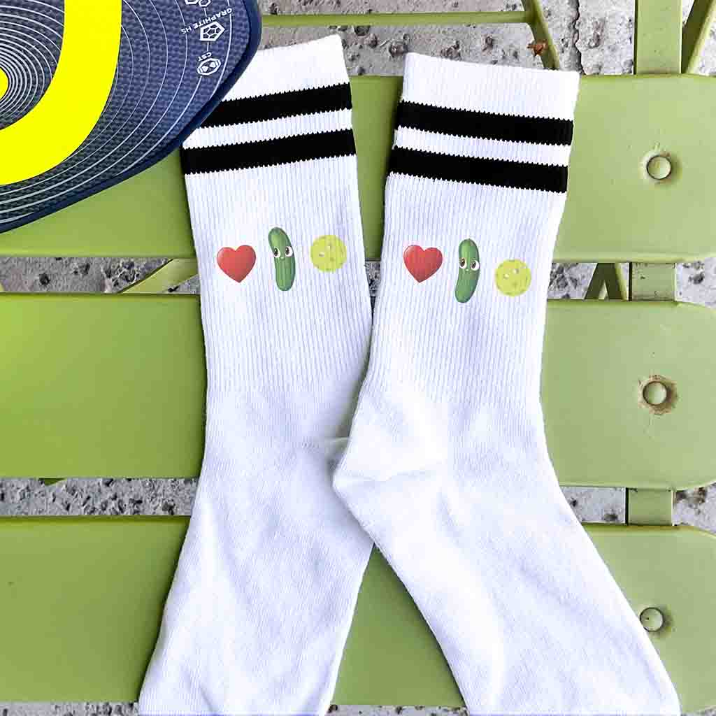 Custom printed socks for the pickleball fan designed by sockprints with love of pickleball digitally printed on the side.