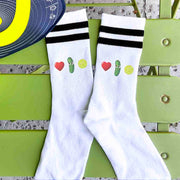 Custom printed socks for the pickleball fan designed by sockprints with love of pickleball digitally printed on the side.