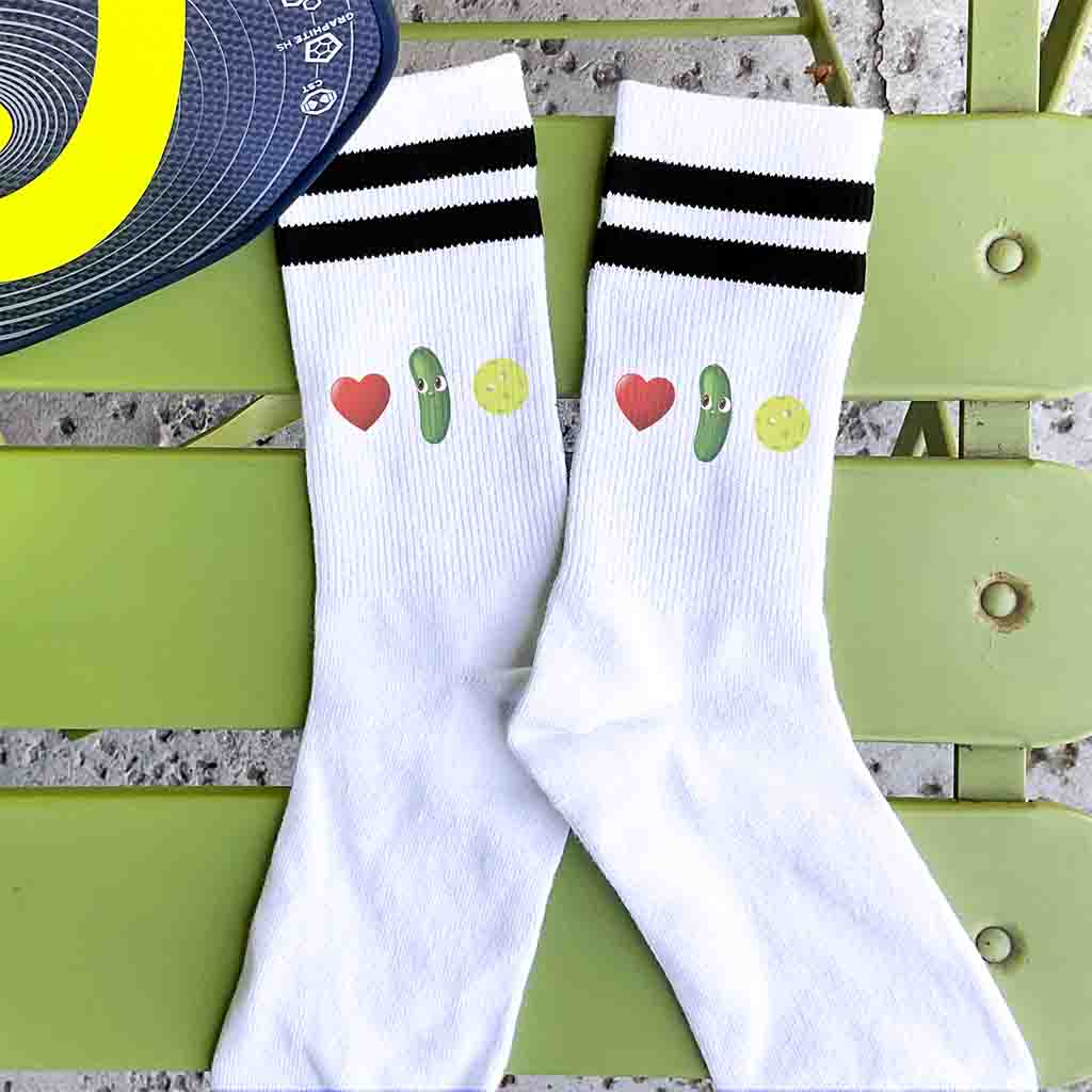 Custom printed socks for the pickleball fan designed by sockprints with love of pickleball digitally printed on the side.