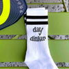 Custom printed socks for the pickleball fan designed by sockprints with day dinker digitally printed on the side.