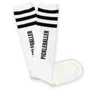 Pickleballer design by sockprints digitally printed on striped knee high socks.