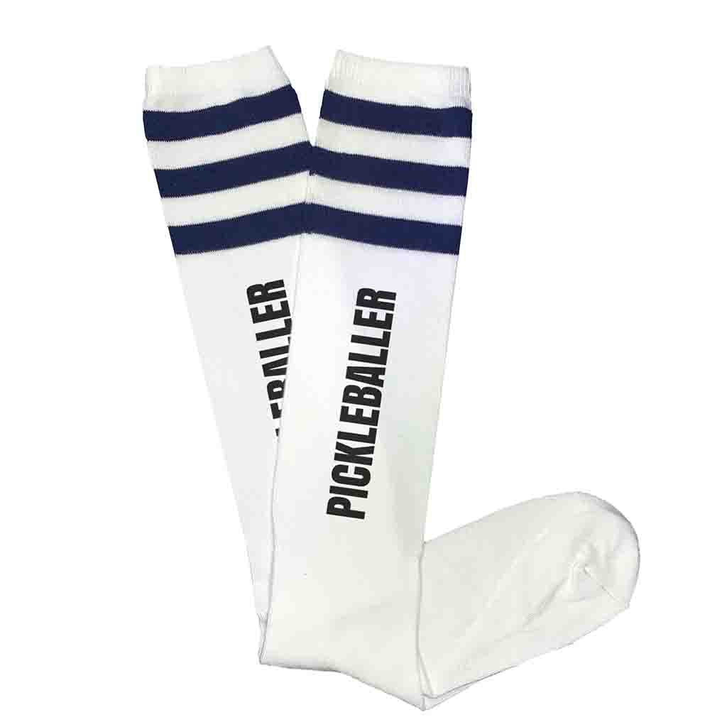 Pickleballer design custom printed on striped knee high socks.
