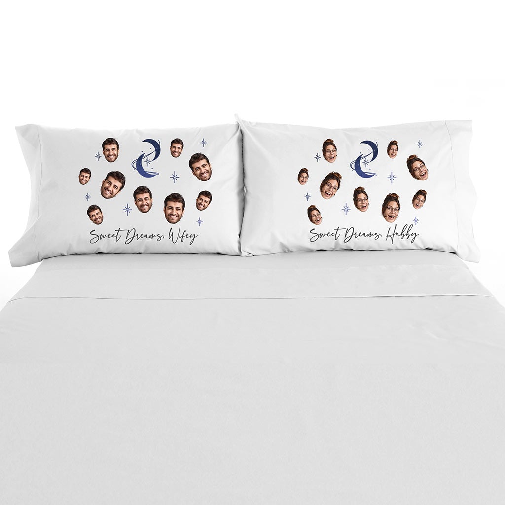Sweet dreams hubby and wifey custom printed photo faces printed on pillowcase set.