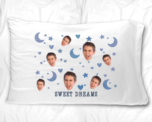Sweet dreams custom printed pillowcase with photo face cropped all over design digitally printed on white cotton standard pillowcase.