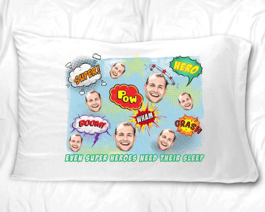 Custom printed photo face with a super hero comic design background printed on pillowcase.