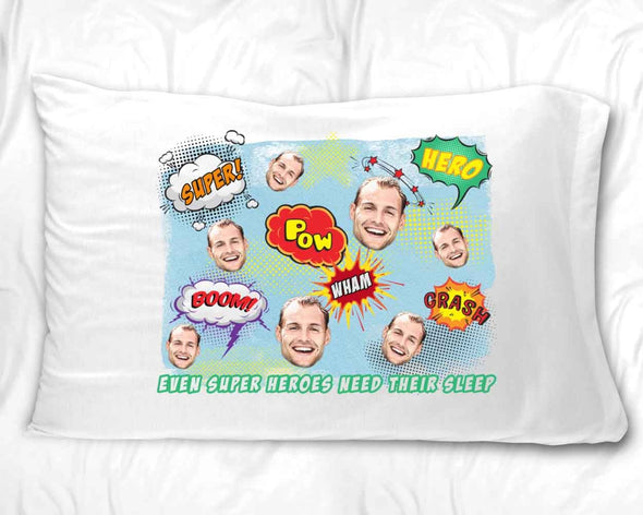 Custom printed photo face with a super hero comic design background printed on pillowcase.