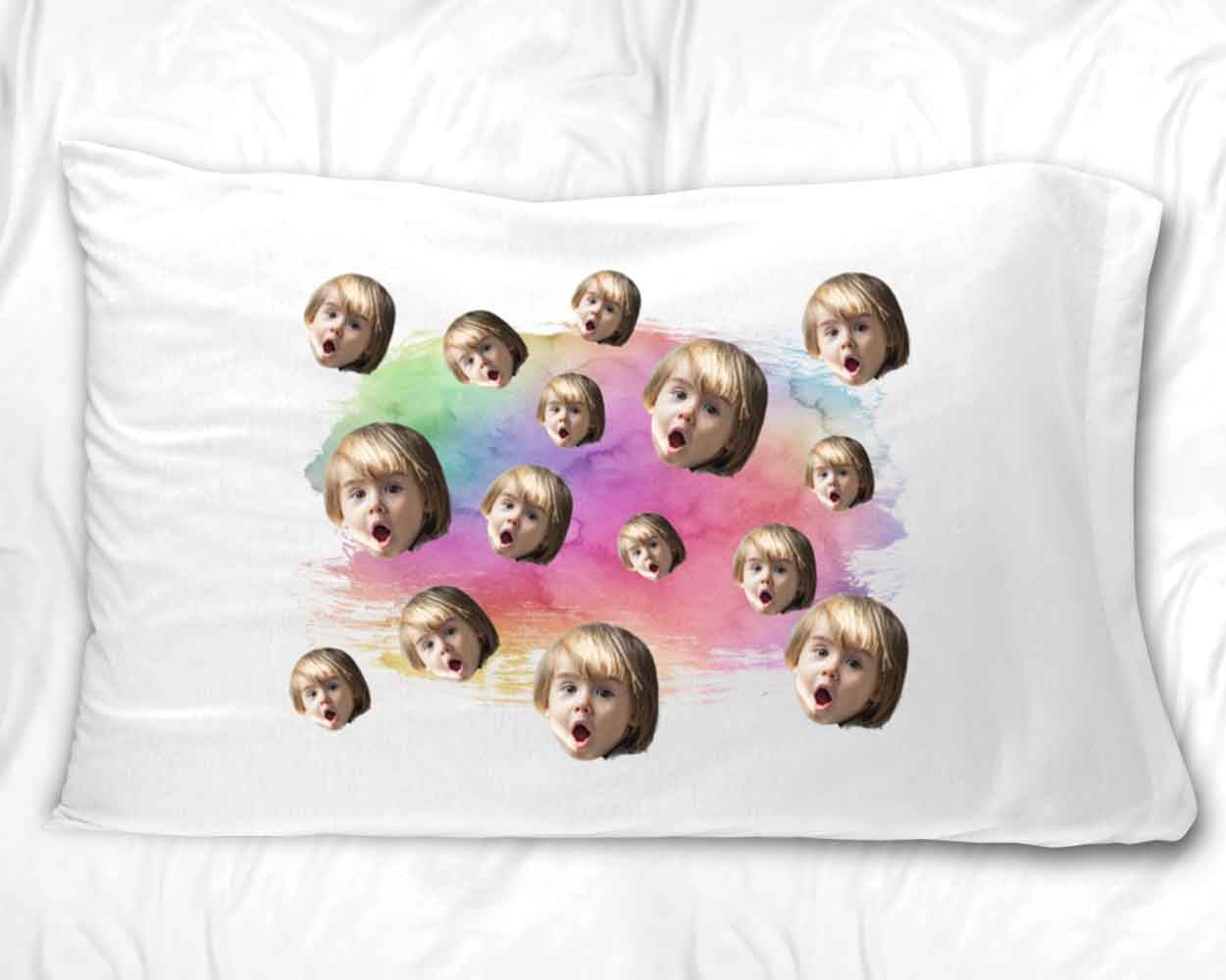Rainbow print background design with photo faces in collage all over printed on pillowcase.