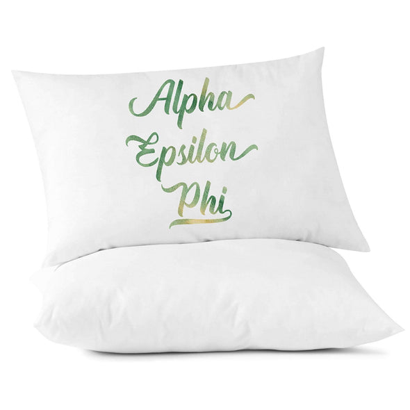 Alpha Epsilon Phi sorority name in handwriting custom printed in sorority colors on pillowcase.